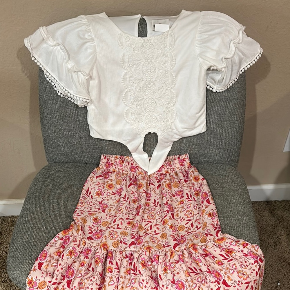Rare Editions White Top and Pink Floral Skirt